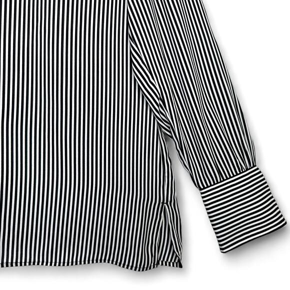 Ann Taylor Striped Button Down Collarless Shirt Size L Black White Stripes - Picture 8 of 9